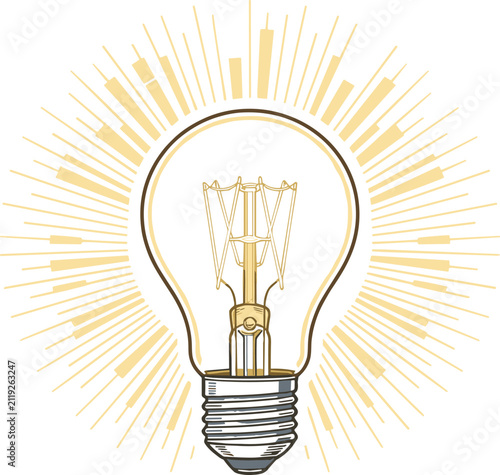 Vintage glowing light bulb illustration with a radiant light burst and intricate filament on a white background