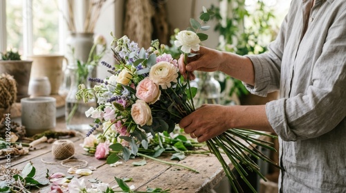 Hands arranging flowers close-up