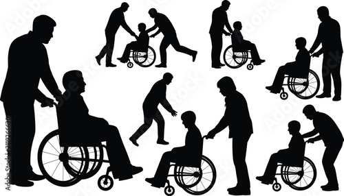 Disabled and elderly people silhouettes vector set featuring wheelchair users senior citizens patients assistants pushing chairs caregivers medical assistance