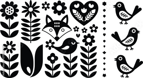 Folk art silhouettes vector set featuring scandinavian nordic style flowers fox birds hearts decorative floral wildlife ornaments