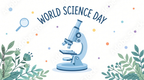 World science day celebration background featuring a watercolor microscope illustration surrounded by decorative green leaves and small scientific icons on a white backdrop