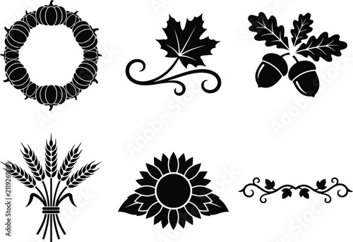 Collection of decorative autumn harvest elements presented in a classic black and white silhouette