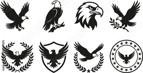 Collection of various eagle emblems and heraldic symbols in a black and white silhouette