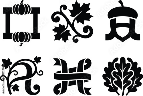 Set of decorative autumn themed alphabet letters and nature icons in a black silhouette
