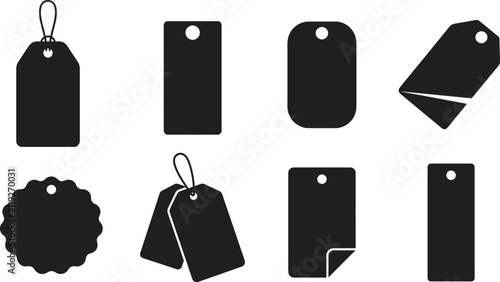 Collection of various blank price tags and shopping labels in a clean black silhouette