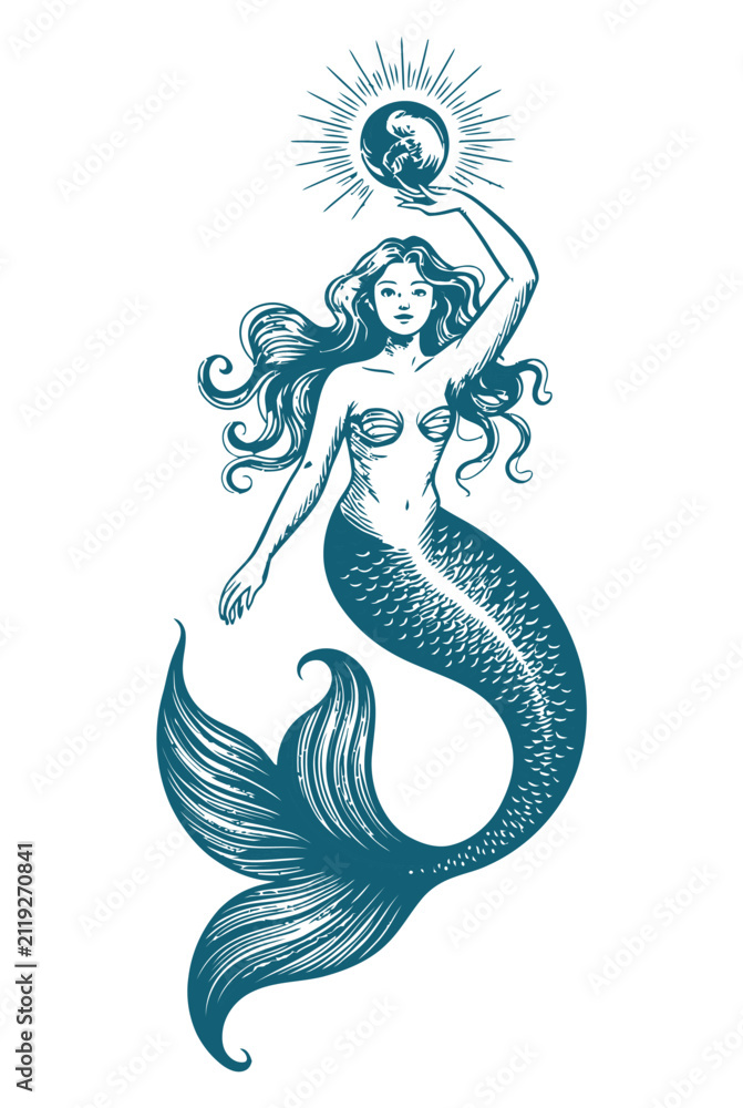 Fototapeta premium Beautiful mermaid holding a pearl in her hands with vintage engraving style monochrome vector illustration featuring elegant mythical sea maiden, antique fantasy artwork and detailed line art