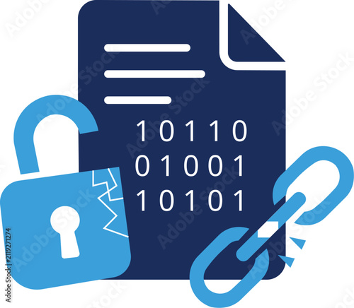 Data Breach Concept Icon featuring Broken Padlock and Chain with Digital Binary Code Document