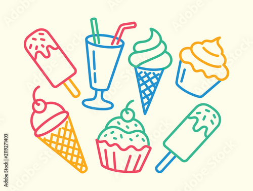 Hand drawn frozen dessert doodle vector collection featuring ice cream cones, sundaes, milkshakes, popsicles, sweet treats, and sketch style food illustrations for menus, cafes, and branding design