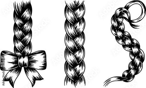 Fotografie リボンの付いた異なるスタイルの編み込みヘアが特徴の3つの手描きの白黒画セット