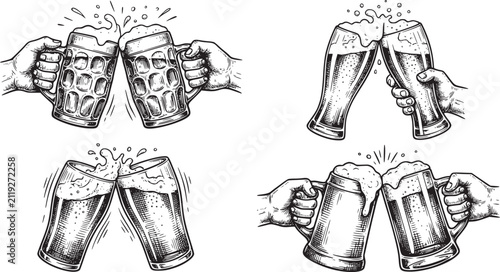 Beer mugs and glasses clinking toast cheers gesture hands holding frosty beverage containers with foam splashes hand drawn engraving style vector illustration for bar pub menu design.