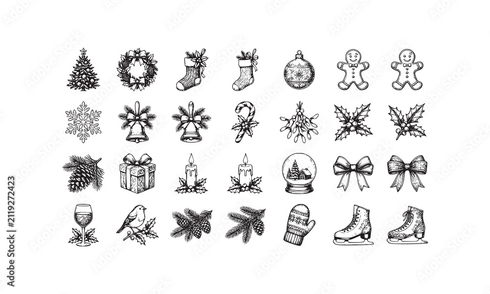 Obraz premium Christmas and winter holiday season icons vector set featuring festive elements like trees, wreaths, stockings, snow globes and more, isolated.