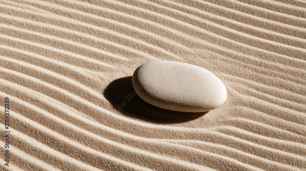 Obraz premium A single smooth river stone rests on raked beige sand with soft shadows. This image represents mindfulness, peace, and zen meditation concepts.