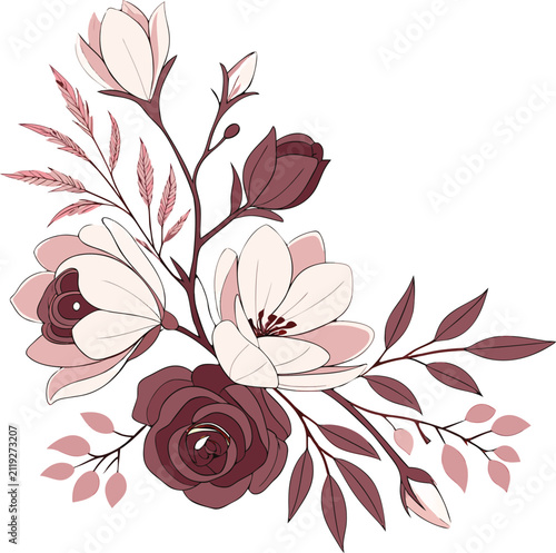 Abstract Floral Background with Pink Rose and Flower Vector Illustration, Nature Plant Pattern Design with Leaves, Vintage Blossom Ornament for Card and Decorative Art