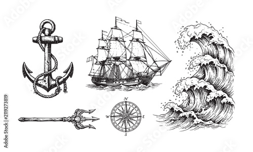 Set of sea nautical marine vintage adventure elements including anchor, ship, trident, compass, and ocean waves vector illustration.