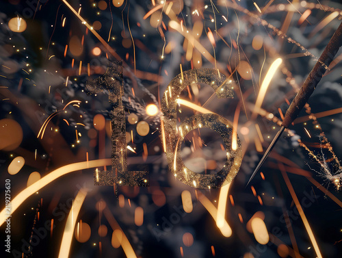 Close-up of fireworks, light and shadow atmosphere, high-tech aesthetics, firework sticks Striking display of bursting golden and white fireworks against a dark backdrop Le - AI-Generated