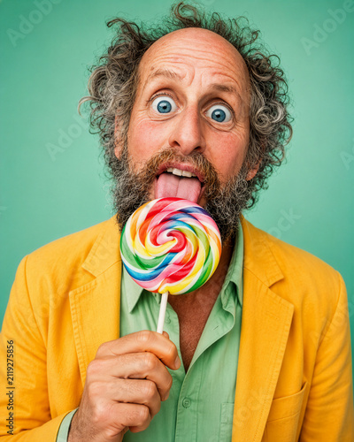 Senior mit buntem Lutscher/Lolli