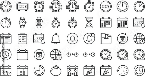 Canvastavla Time management and scheduling line icon set featuring clock, calendar, alarm, s