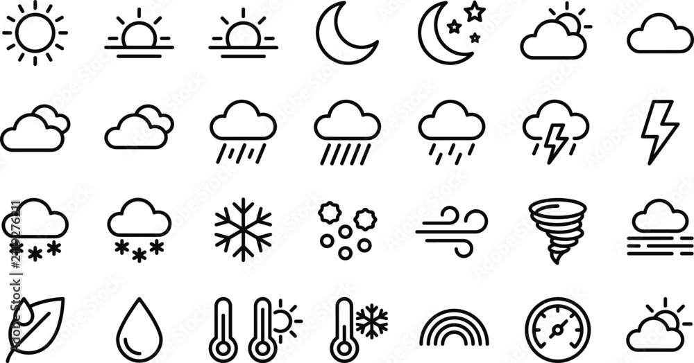Obraz premium Weather and forecast line icon set featuring sun, moon, clouds, rain, snow, thunderstorm, tornado, temperature, and editable stroke vector collection