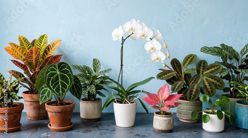 Elegant White Phalaenopsis Orchid and Indoor Plants Display Against Light Blue Wall
