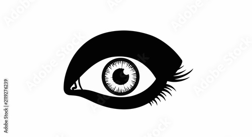 Stylized black and white illustration of a watchful human eye with dramatic eyelashes