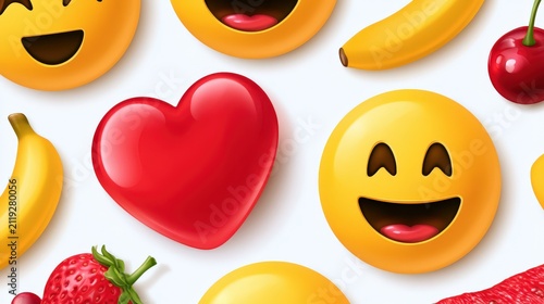 Bright emojis smile joyfully beside fruit