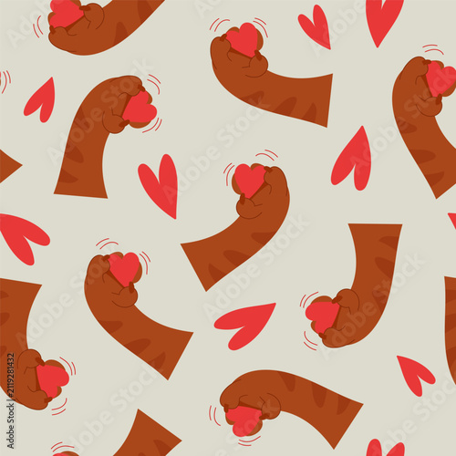 Seamless Cat Paw Pattern Holding Hearts Design for International Cat Day