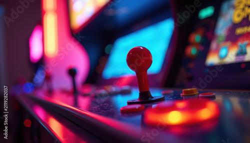 Colorful arcade machine with joystick and buttons illuminated in neon lights. Arcade gaming setup features classic controls and vibrant displays, creating an exciting atmosphere.