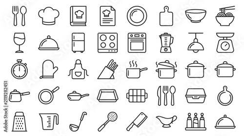 Set of cooking and kitchen utility icons for food preparation and service