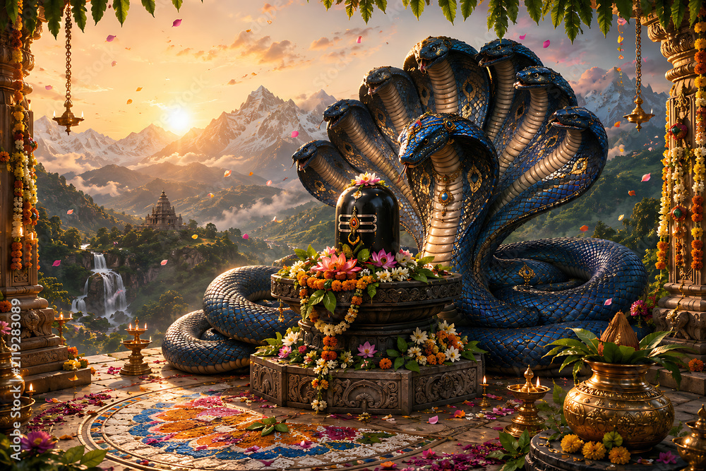 Naklejka premium Grand blue multiheaded cobra protects flower adorned Shiva lingam at sunrise, overlooking Himalayan mountains, waterfalls, temple valley, oil lamps, and richly decorated ceremonial terrace setting