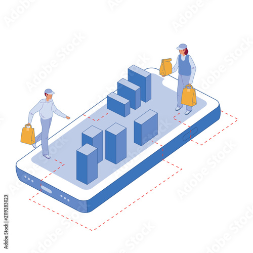 Grocery delivery in city with isometric phone showing routes on 3D map and couriers. Flat vector illustration for delivery app