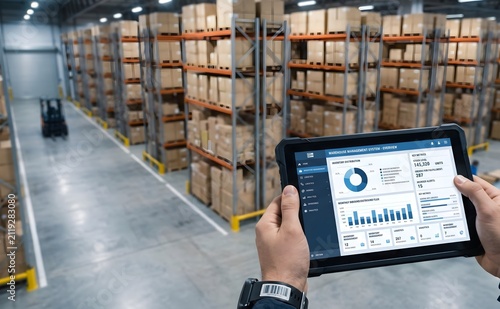 Warehouse manager using a tablet to monitor inventory levels and logistics data in a large distribution center