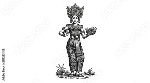 Konstfotografi Traditional Balinese dancer performing in ornate ethnic costume.