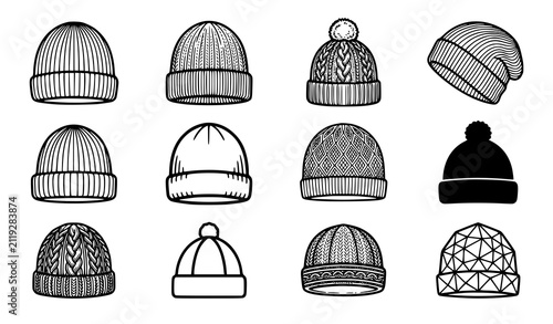 Foto Winter Hat Beanie Vector Icon Pack with Knitted Cable Pattern Pom Pom and Geomet