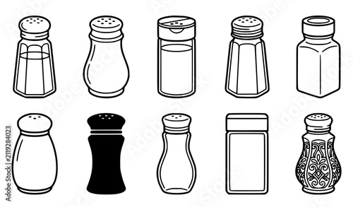 Fotografie Salt and Pepper Shaker Vector Icon Set with Glass Bottle Ornate Pattern and Line