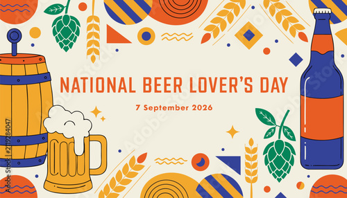 Bild auf Leinwand National beer lovers day celebration banner with beer barrel and bottle