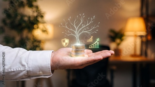 Hand holding stacked gold coins with a holographic glowing tree, shield, and growth chart icons above, representing financial investment, wealth management, savings protection, and economic