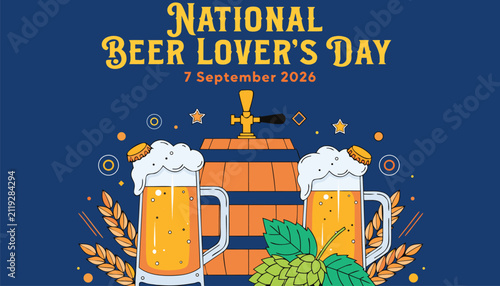 Foto National beer lovers day illustration with beer mugs and barrel