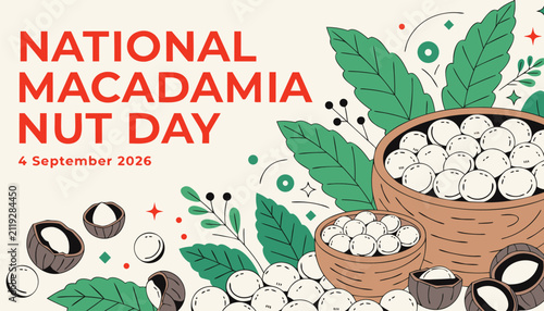 Konstfotografi National macadamia nut day illustration with nuts and leaves