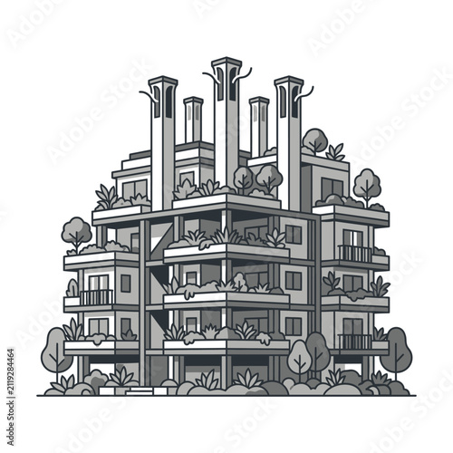 Modern apartment complex with green balconies and trees.