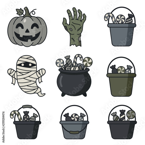 Halloween holiday icons including mummy, candy, and cauldron.