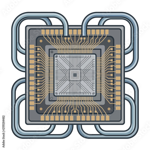 Detailed computer processor chip with complex gold circuitry.