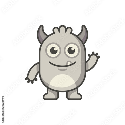 Cute gray cartoon monster waving its hand happily.