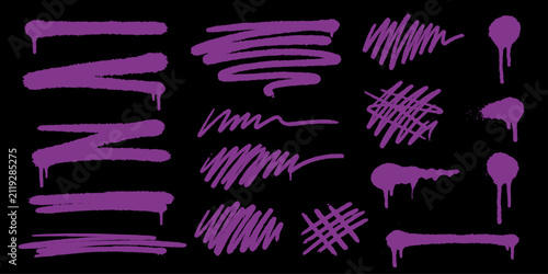 Cuadro en lienzo Graffiti spray paint strokes in vibrant purple on a stark black background create a dynamic collection of abstract artistic elements, perfect for graphic design and urban art themes