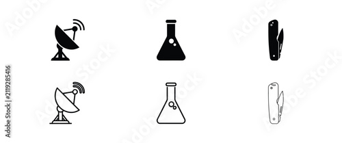 Six black and white featuring a satellite dish, a conical flask, and a folding pocket knife antenna