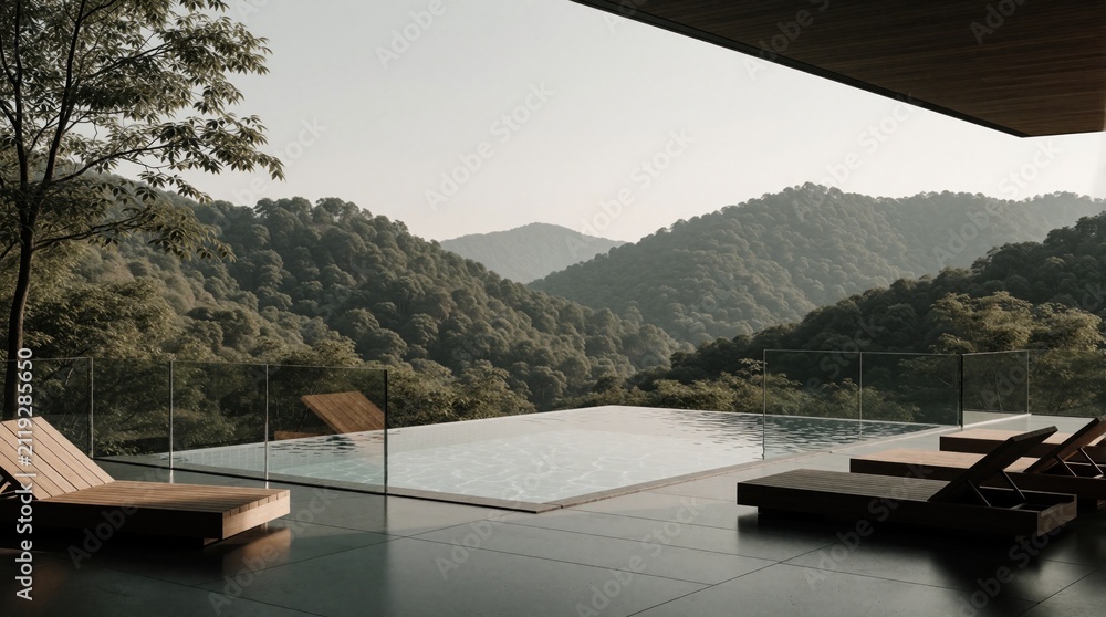 Obraz premium Modern infinity pool sits on luxurious resort terrace. Lounge chairs face hazy forested mountains. Glass barriers overlook green hills and tranquil water.