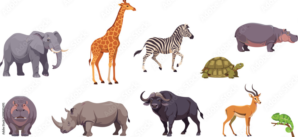 Obraz premium African Safari Wildlife Animal Vector Set Featuring Elephant, Giraffe, Zebra, Hippopotamus, Rhinoceros, Buffalo, Gazelle, Tortoise, and Chameleon Species Illustrations