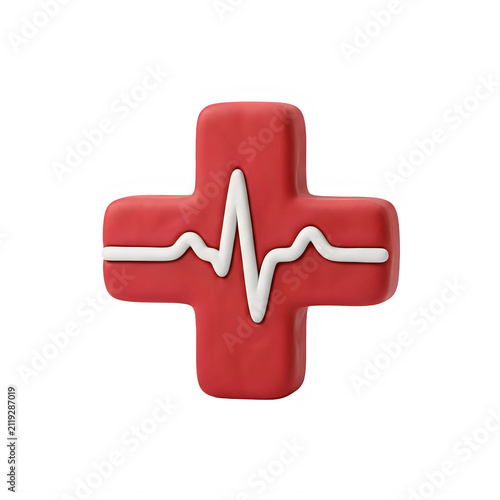 Red medical cross icon with a white heartbeat pulse line symbol isolated on transparent background