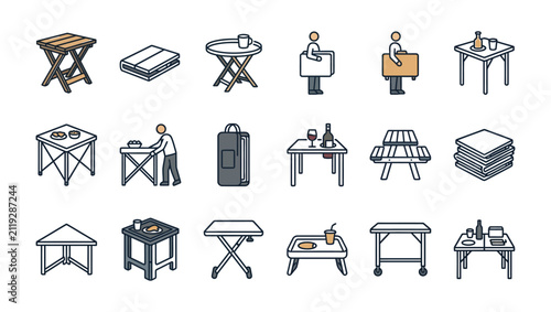 Set of portable folding table icons for furniture and outdoor camping equipment.