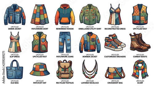 Collection of upcycled and patchwork clothing and accessories including jackets dresses jeans shoes bags and hats illustrated in a colorful vector style