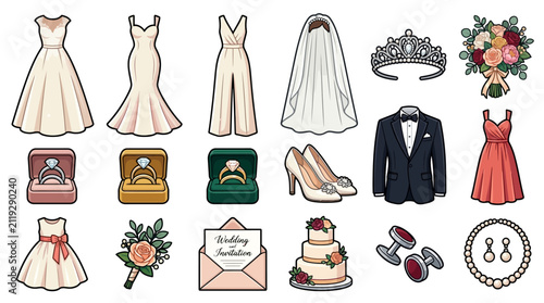Collection of wedding icons including bridal dress veil tiara bouquet ring box shoes tuxedo invitation cake and jewelry set for design